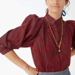 Clare V.Brigitte Blouse - Black/Poppy Hand Stripe