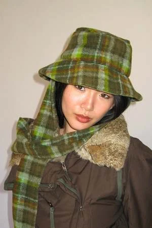 ClydePlaid Scarved Bucket Hat - Moss