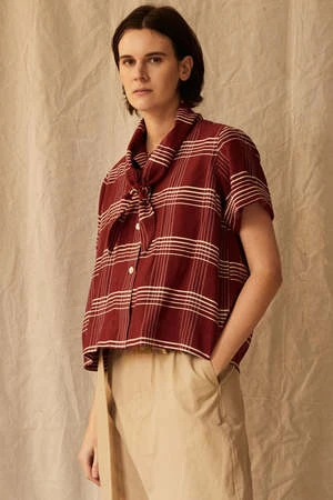 Caron CallahanWesley Shirt - Crimson Embroidered Plaid